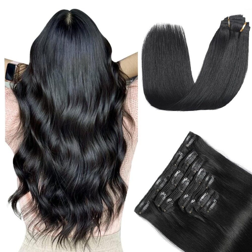 Clip In Hair Extensions Human Hair 18Inch Natural Black Seamless Straight